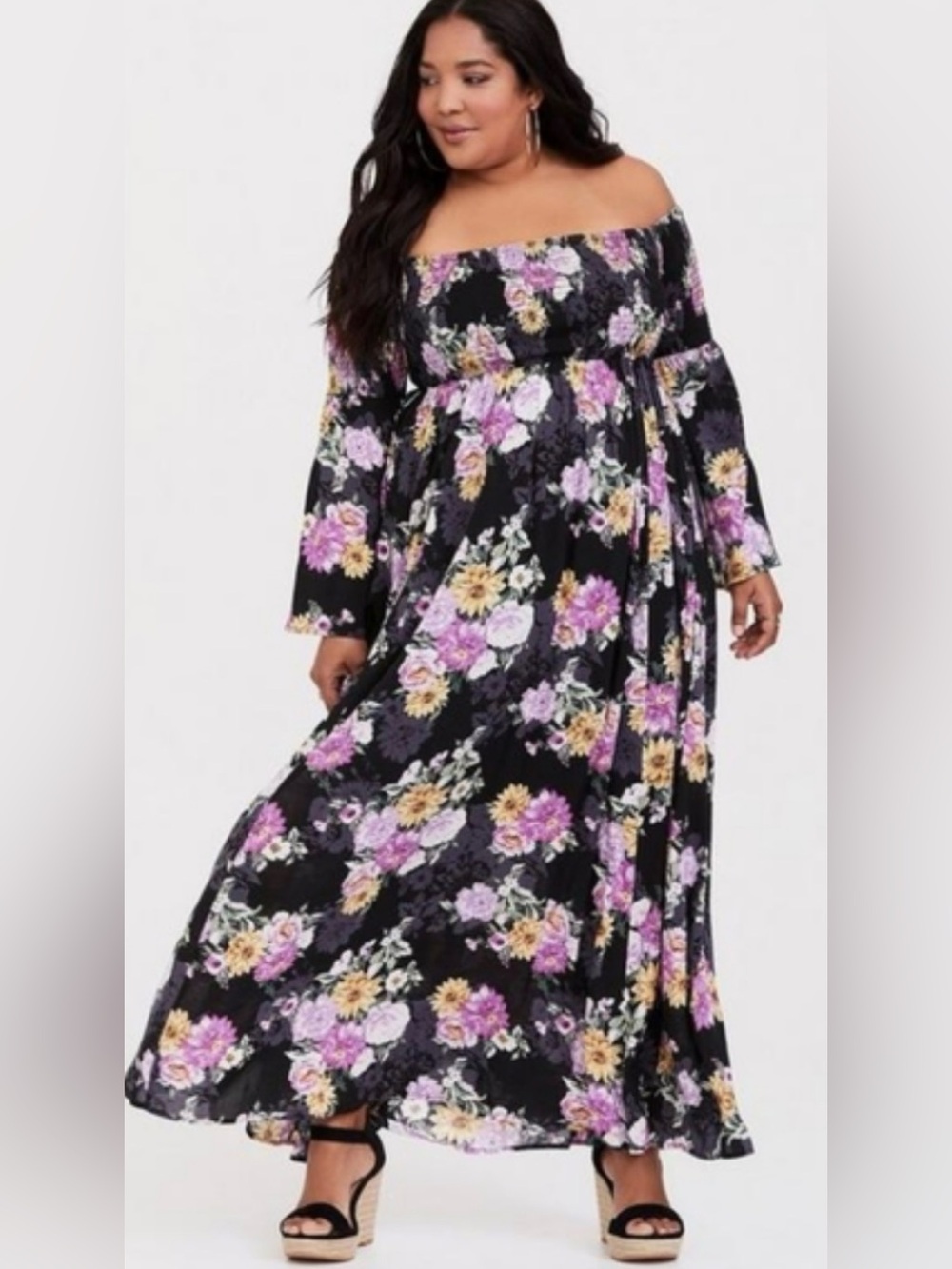 Torrid off shoulder maxi dress floral long sleeves boho bohemian girly 3X